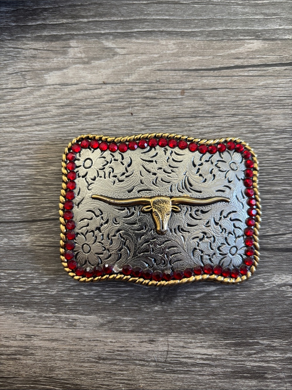 Western Silver-Tone Longhorn Buckle with Red Crystal Accents